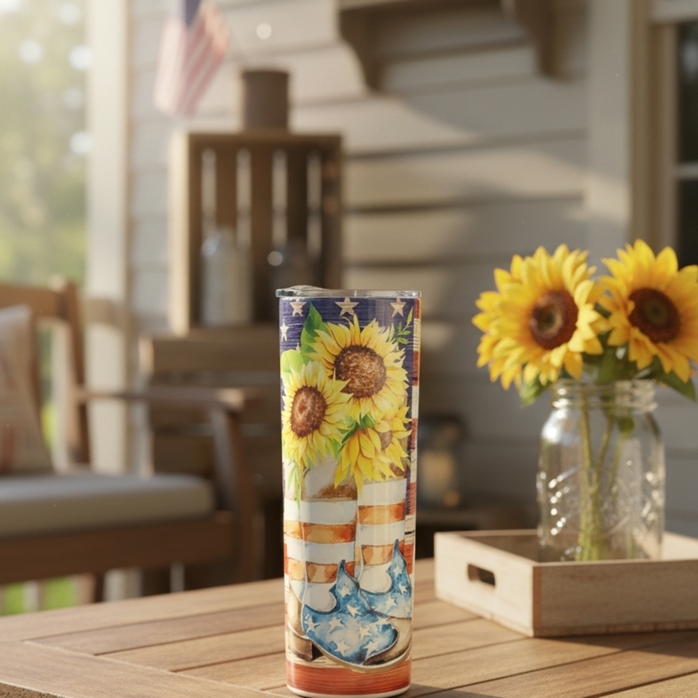 Sunflower and Boots Tumbler. 20 Oz